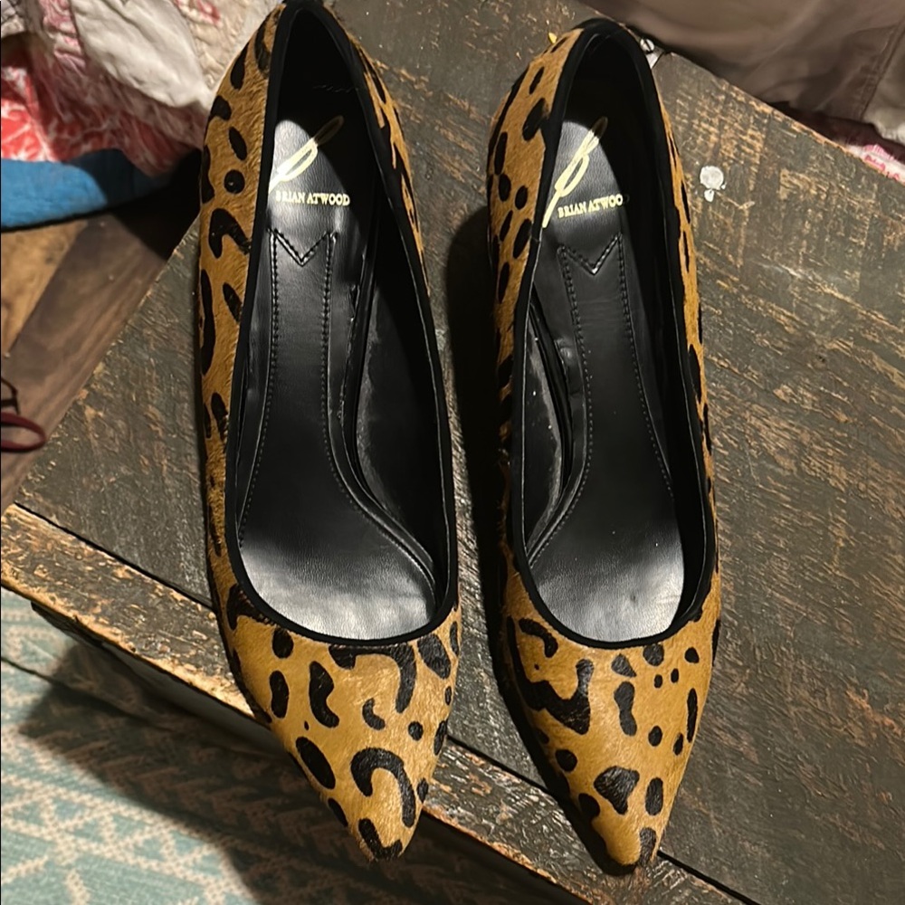 Brian Atwood Leopard Print Pointed-Toe Pumps in Tan and Black